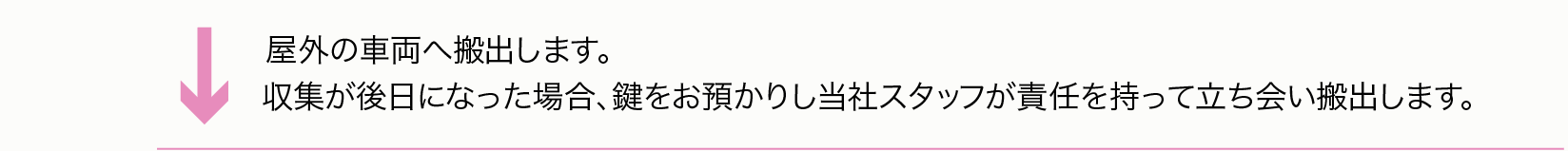 一般廃棄物収集業者が到着しだい、屋外の車両へ搬出します。収集が後日になった場合、鍵をお預かりし当社スタッフが責任を持って立ち会い搬出します。